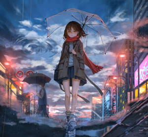 戴紅圍巾的動漫女孩在黃昏的雨中霓虹城市裡撐著透明雨傘。