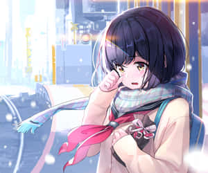 穿著冬季外套和圍巾的動漫女孩看著雪景城市的窗戶。