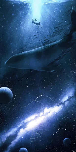 一名潛水員和一條鯨魚在佈滿星星、帶有發光星座的宇宙海洋中游泳。