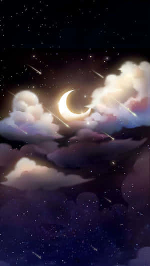 彎月和流星在繁星點點的夜空中，伴隨著柔軟的雲層。