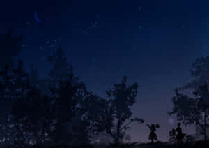 兩個人在夜晚穿過森林，星空下有一彎新月。 — 夜晚 GIF 壁紙