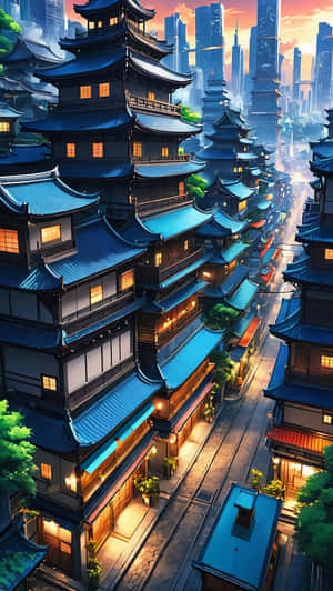 傳統日本建築排列在狹窄的街道上，在日落天空下有發光的窗戶。 — 日本 壁紙