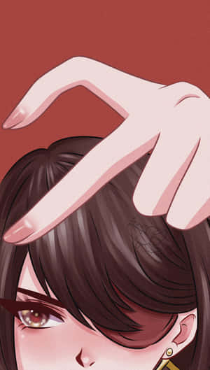 紅色背景上，深色頭髮的動漫女孩，一隻手放在她的頭上。