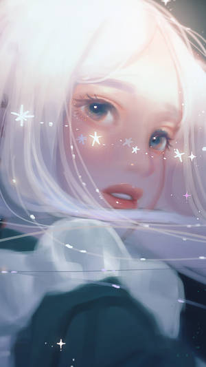 白髮動漫少女與漂浮的星星，在夢幻的粉彩場景中。