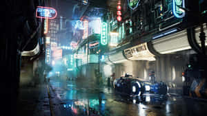 未來感汽車停在潮濕霓虹燈照亮的 cyberpunk 街道上，夜晚。