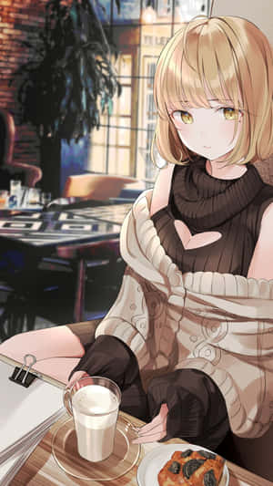 金髮動漫女孩在咖啡館享用咖啡和糕點。 — 可愛動漫女仔 壁紙