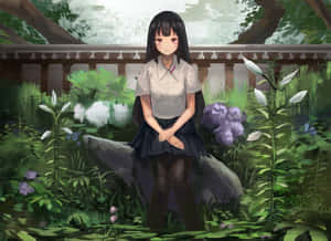 穿著校服的動漫女孩坐在花園的石頭上，周圍有花