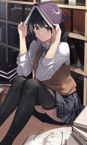 穿著校服的動漫女孩在圖書館裡把一本月亮主題的書舉在頭頂。 — 可愛動漫女仔 壁紙