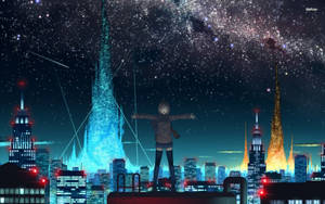 動漫女孩在屋頂上張開雙臂，星空下，霓虹城市之上