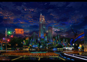 未來城市夜景，霓虹燈和星空倒映在濕漉漉的人行道上。