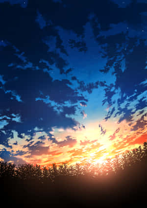 夕陽天空，橙色雲朵和星星在黑暗的樹木線之上。