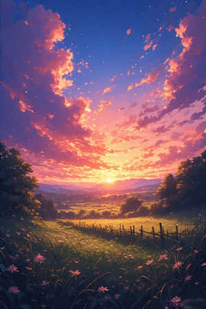 夕陽映照山谷，前景有木柵欄和粉紅色花朵