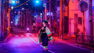 夜晚霓虹燈照亮東京小巷中的動漫角色