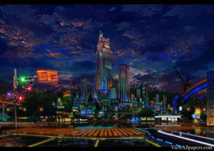 未來城市夜景，霓虹燈和星空倒映在濕漉漉的人行道上。 — 夜景城市 壁紙