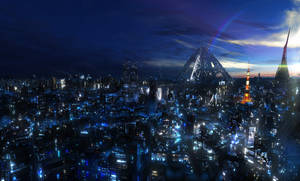 未來主義的夜晚城市，有發光的建築物和山上的彩虹。 — 夜景城市 壁紙