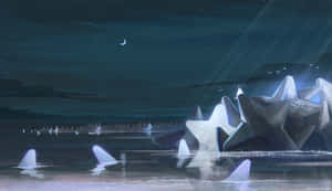 星形冰山漂浮在平靜的水面上，新月和星空下。 — 夜晚 GIF 壁紙