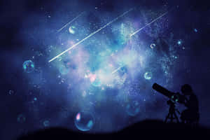 孩子使用望遠鏡觀看流星和夜空中漂浮的氣泡 — 夜晚 GIF 壁紙
