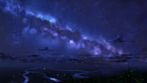 一個星空夜晚，有發光的星系和螢火蟲在黑暗的景觀上。 — 夜晚 GIF 壁紙