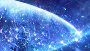 動漫女孩在發光宇宙拱門下的平台上，伴隨著閃爍的粒子。 — 夜晚 GIF 壁紙