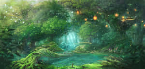 一個孤獨的人在一片神奇的森林中，有發光的燈籠和瀑布。 — 森林景色 壁紙