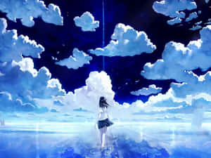 動漫女孩在雲朵和垂直光束的天空下在水面上行走。