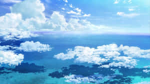 動漫風格的雲朵漂浮在藍色海洋之上，陽光普照。