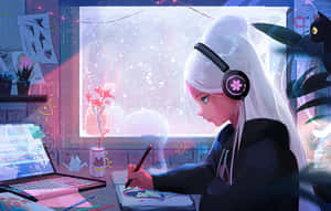 白發動漫女孩戴著耳機在雪窗旁的書桌上畫畫。