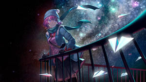 穿著冬季衣服的動漫女孩在欄杆上，星空下漂浮著紙飛機。