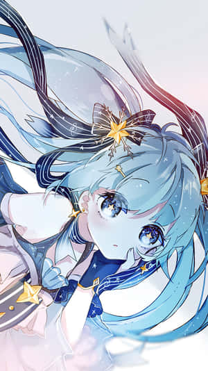 動漫女孩，藍髮星眸，溫柔向上仰望。 — 靚靚動畫 壁紙