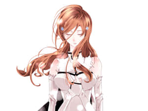動漫女孩，長長的銅色頭髮，閉著眼睛，穿著帶有黑色細節的白色連衣裙。 — 伊之助 GIF 壁紙