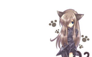 有貓耳和貓尾的動漫女孩被爪印包圍。 — 可愛動漫女仔 壁紙