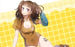動漫女孩，棕色衣服，在黃色網格背景前拿著藍色攀岩鞋。 — Steam Deck OLED 壁紙