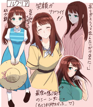動漫女孩，棕色頭髮，綠色眼睛，四種不同的服裝和表情。 — Nubia Fold 壁紙