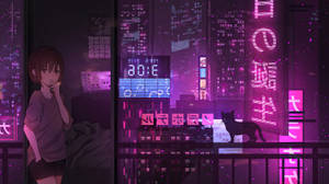 窗邊的動漫女孩看著夜晚發光的紫色城市，帶有貓剪影。 — 靚靚動畫 壁紙