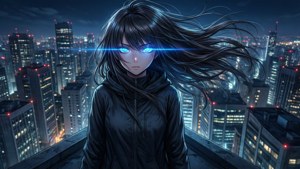 發光藍眼的動漫女孩，夜晚城市屋頂上