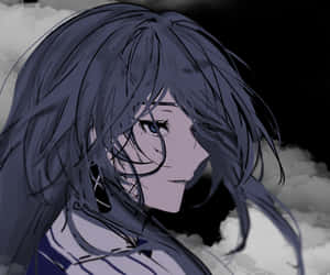 深色頭髮和藍色眼睛的動漫女孩，側視著暴風雨雲和閃電。