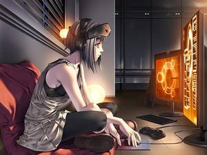 動漫女孩在黑暗房間中用發光屏幕的電腦玩遊戲。