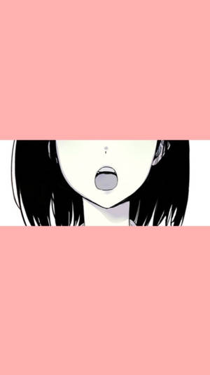 動漫女孩，黑髮張嘴，粉色背景。