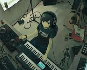 戴住耳機嘅動漫女仔喺音樂工作室入面彈奏鍵盤同DJ設備。