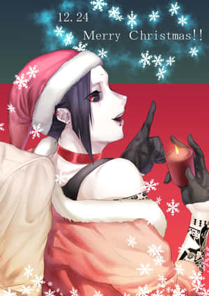 動漫角色戴著聖誕帽，手持蠟燭，伴有雪花和聖誕祝福。 — 東京喰種角色 壁紙