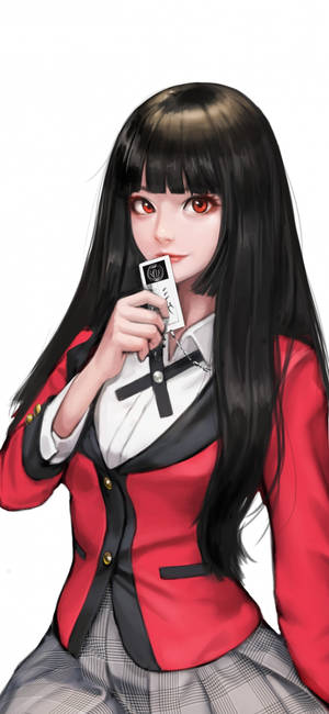 穿著紅色校服的動漫女孩拿著一張卡片靠近嘴唇。