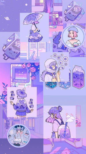 紫色宇宙和遊戲主題的動漫女孩拼貼畫。
