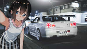 動漫女孩在夜間城市街道上微笑站在白色跑車旁。