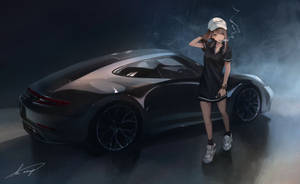 穿著黑色服裝的動漫女孩，站在深灰色跑車旁邊，車庫煙霧瀰漫。