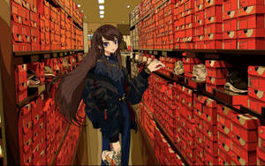 動漫女孩在紅色盒子的商店走道上選購鞋子。