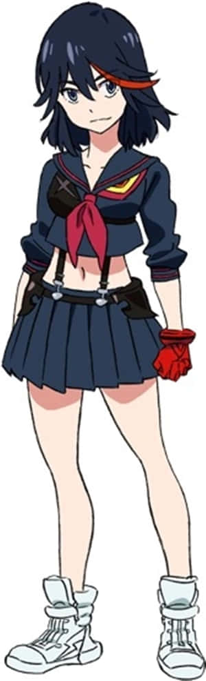 動漫女孩身穿深藍色水手服，搭配紅色飾品和白色靴子。 — 動漫打鬥 壁紙
