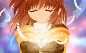 動漫女孩手持發光花朵，羽毛飄浮在多彩天空。 — 魔法 GIF 壁紙