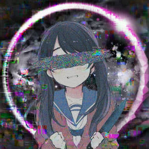 穿著校服的動漫女孩，故障眼睛和發光粉紅色環。