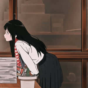穿著校服的動漫女孩俯身在書桌上學習，旁邊有一盆仙人掌。 — 可愛動漫女仔 壁紙