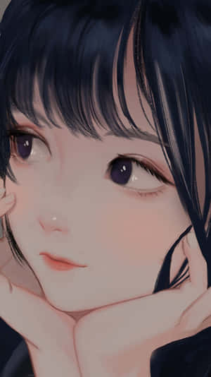 黑髮紫眼嘅動漫女仔用手托住下巴，表情溫柔。